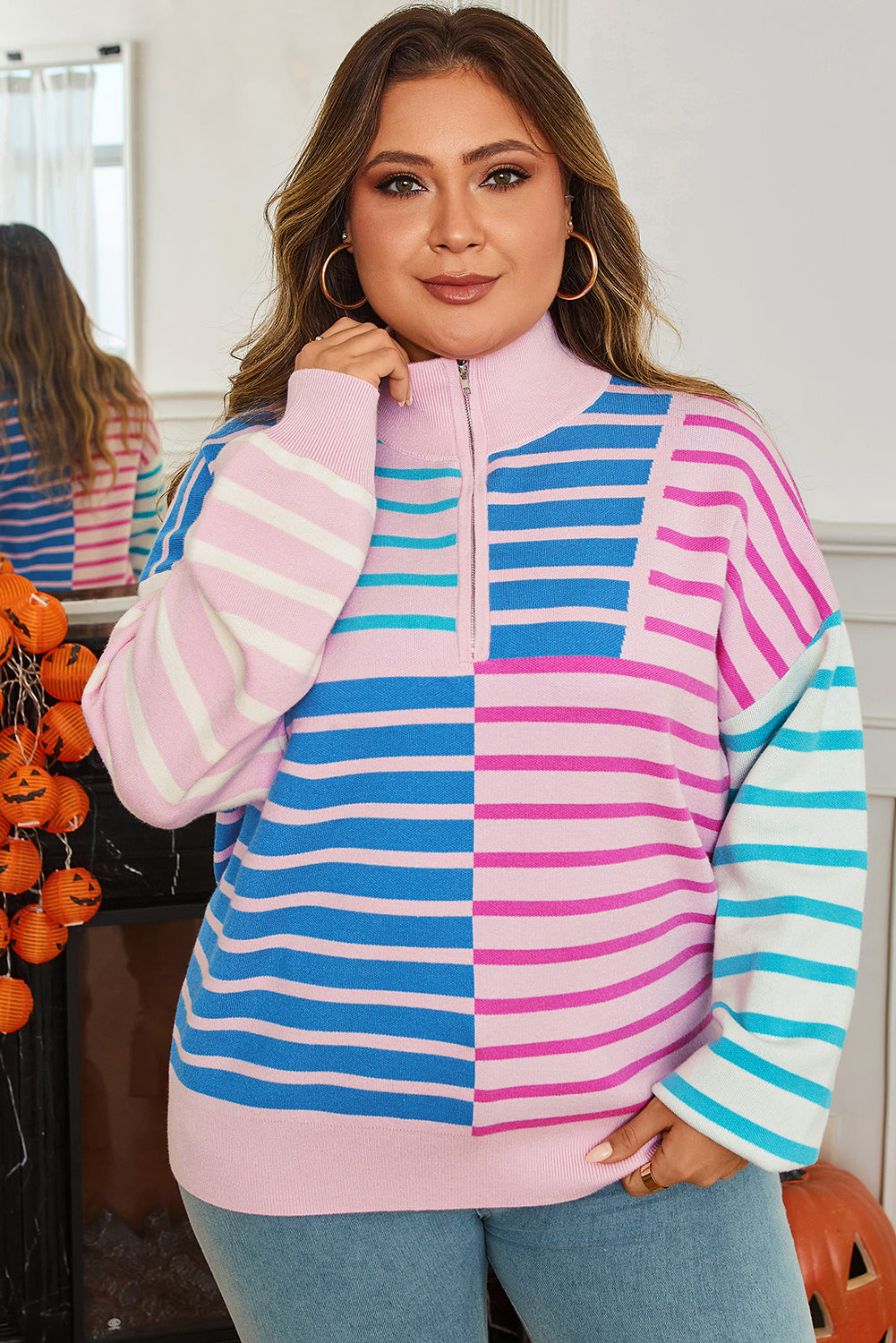 Sky Blue Stripe Colorblock Patchwork Plus Size Half Zip Knit Dear-Lover Dropshipping